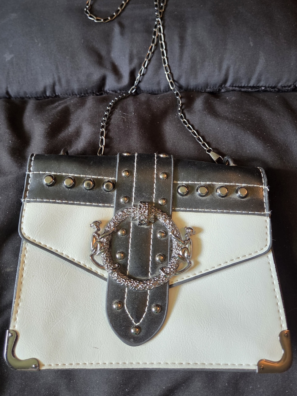 White and Black Studded Chain Crossbody Bag